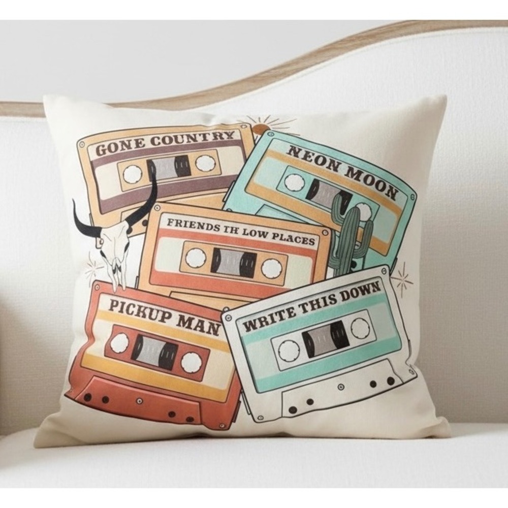 NEW Country Music Cassette Tape Pillow Cover Western Home Decor 18x18"